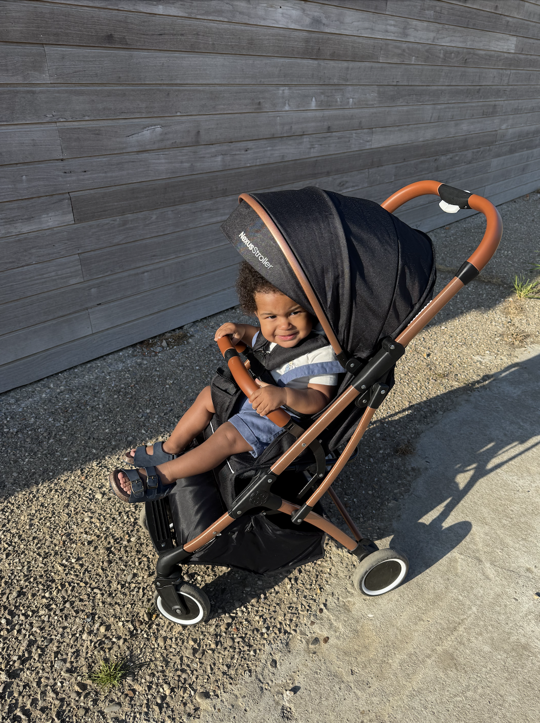 baby in a black cabin friendly stroller - Nexus Stroller